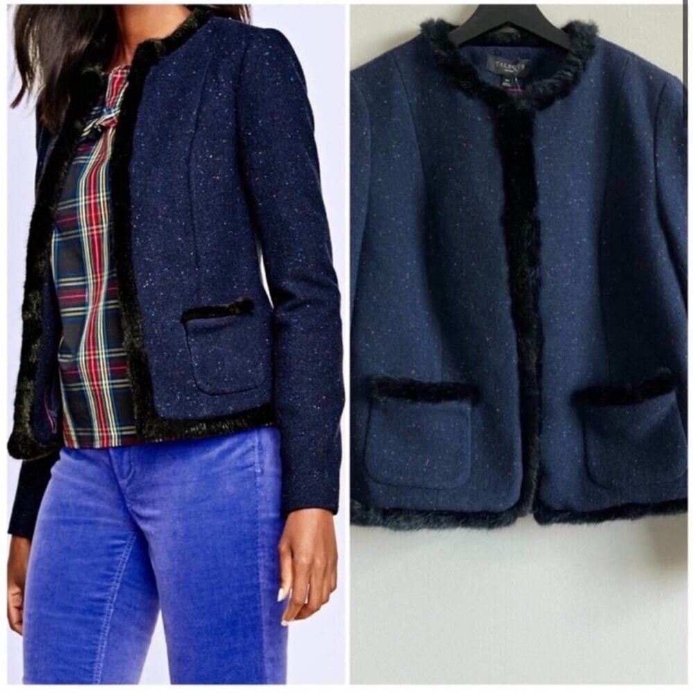 NWT Talbots Navy Tweed Faux Fur Trim Jacket - Picture 2 of 9